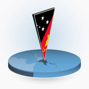 Papua Yeni Gine haritası yuvarlak izometrik tarzda, Papua Yeni Gine 'nin üç boyutlu bayrağıyla, mavi renkli vektör haritası. 
