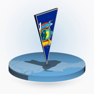 New York eyalet haritası yuvarlak izometrik tarzda, ABD eyaleti New York 'un 3 boyutlu bayrağıyla, vektör haritası mavi renkte..