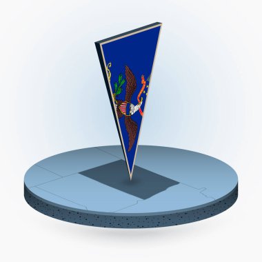 Kuzey Dakota haritası yuvarlak izometrik tarzda, ABD Eyaleti Kuzey Dakota 'nın 3D üçgen bayrağıyla, vektör haritası mavi renkte.