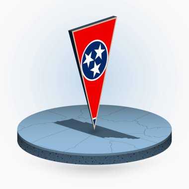 Tennessee haritası yuvarlak izometrik tarzda, ABD eyaleti Tennessee 'nin 3B üçgen bayrağıyla, vektör haritası mavi renkte.