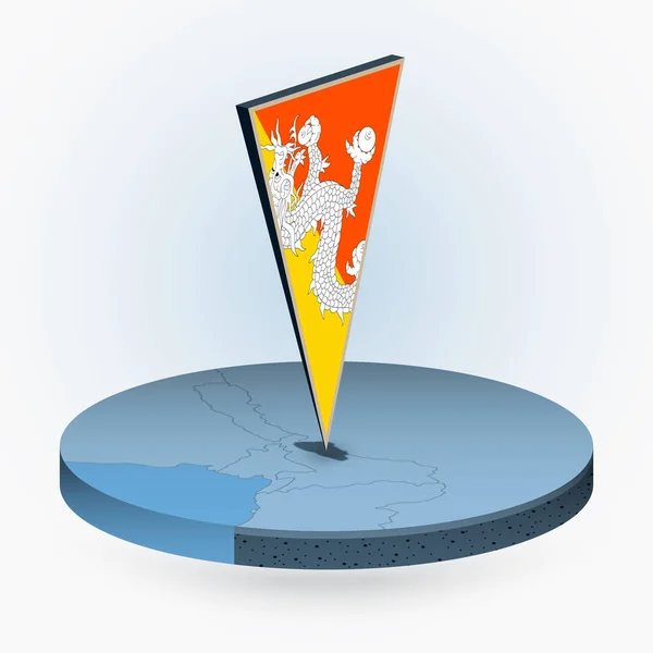 Mapa Bhutanu Okrągłym Stylu Izometrycznym Trójkątną Flagą Bhutanu Mapa Wektora — Wektor stockowy