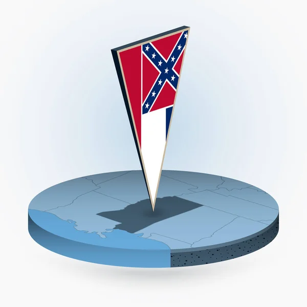 密西西比州的圆形等距地图 带有美国密西西比州三角三维旗 蓝色矢量地图 — 图库矢量图片