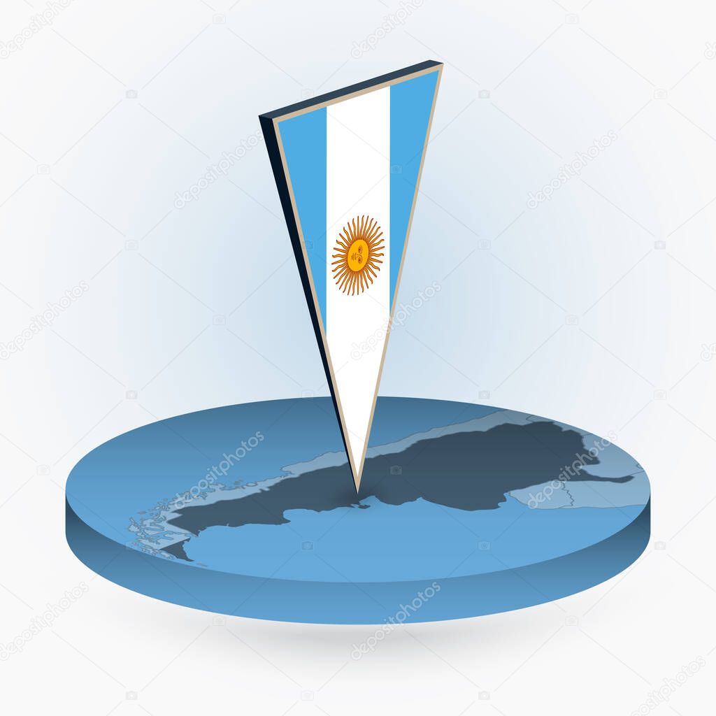 Argentina map in round isometric style with triangular 3D flag of Argentina, vector map in blue color. 