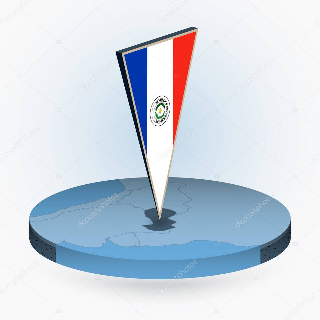 Paraguay map in round isometric style with triangular 3D flag of Paraguay, vector map in blue color. 