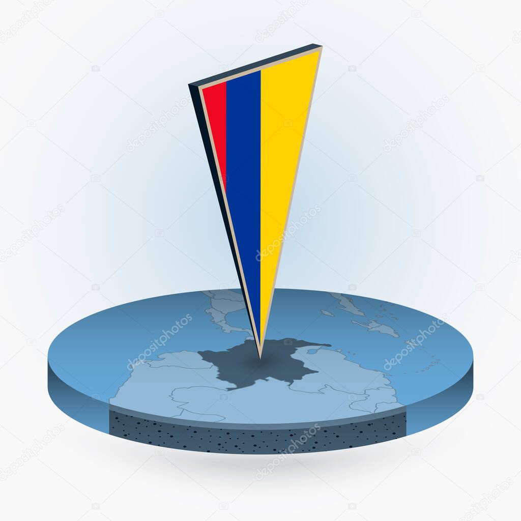 Colombia map in round isometric style with triangular 3D flag of Colombia, vector map in blue color. 