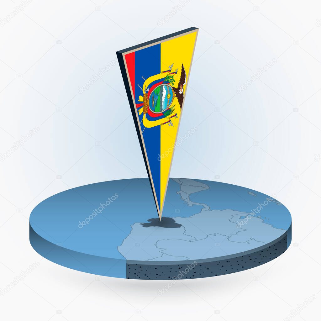 Ecuador map in round isometric style with triangular 3D flag of Ecuador, vector map in blue color. 