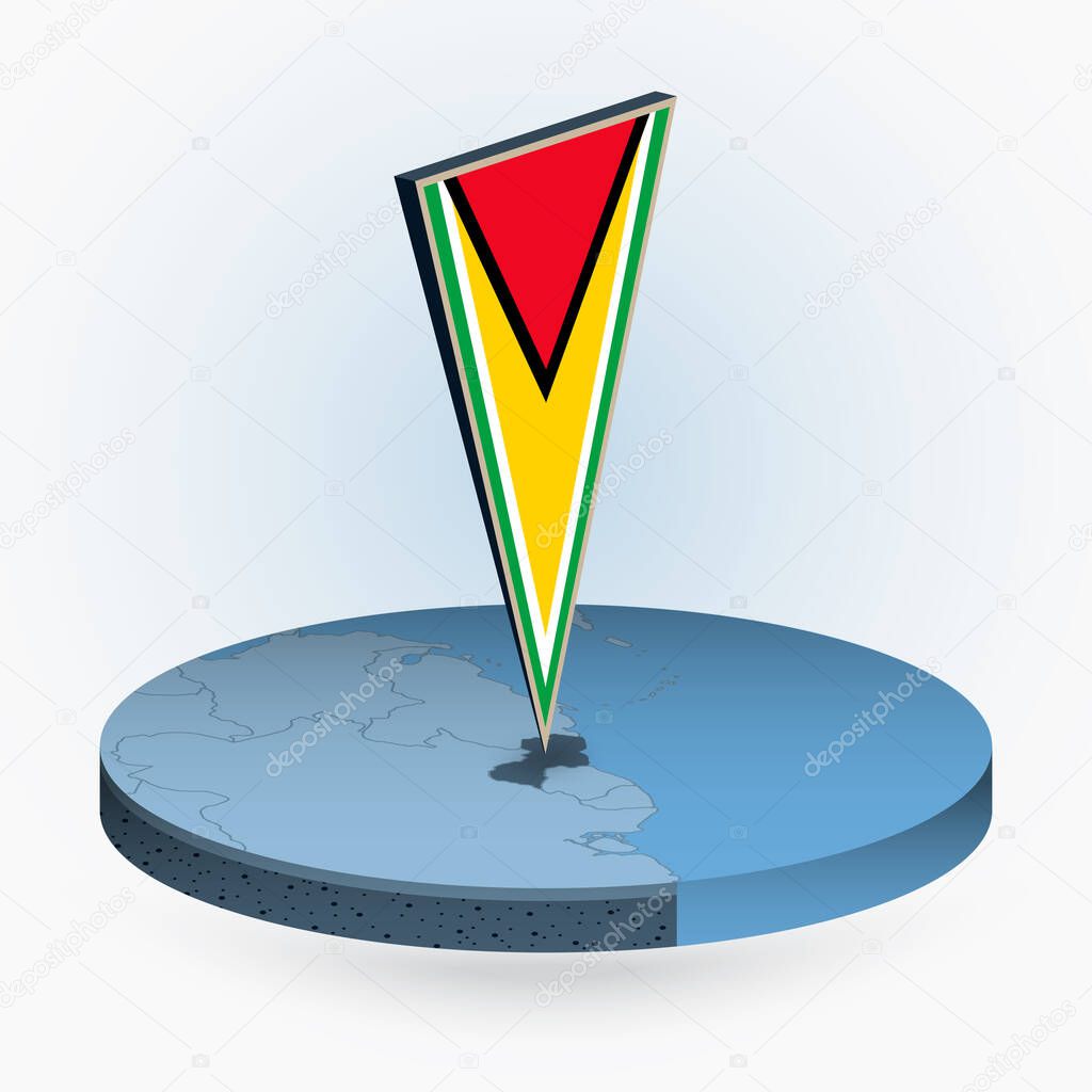 Guyana map in round isometric style with triangular 3D flag of Guyana, vector map in blue color. 
