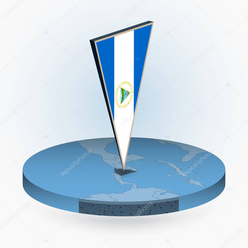 Nicaragua map in round isometric style with triangular 3D flag of Nicaragua, vector map in blue color. 