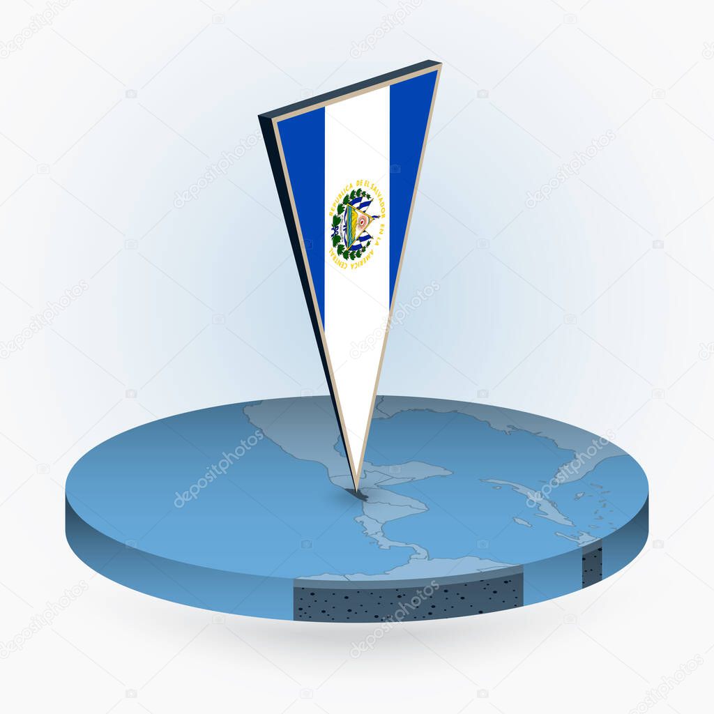 El Salvador map in round isometric style with triangular 3D flag of El Salvador, vector map in blue color. 