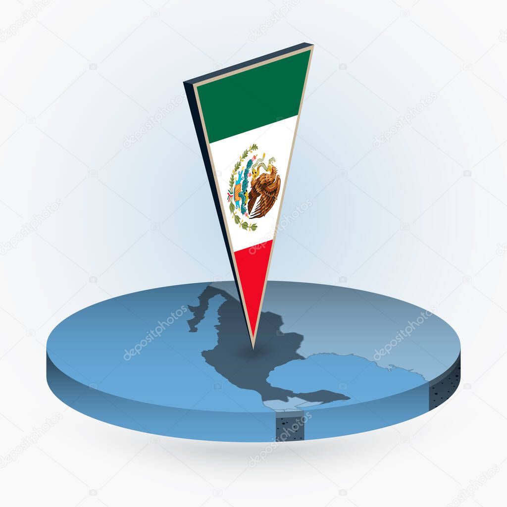 Mexico map in round isometric style with triangular 3D flag of Mexico, vector map in blue color. 