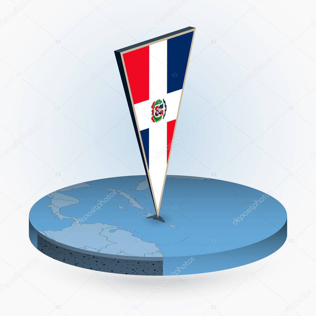 Dominican Republic map in round isometric style with triangular 3D flag of Dominican Republic, vector map in blue color. 