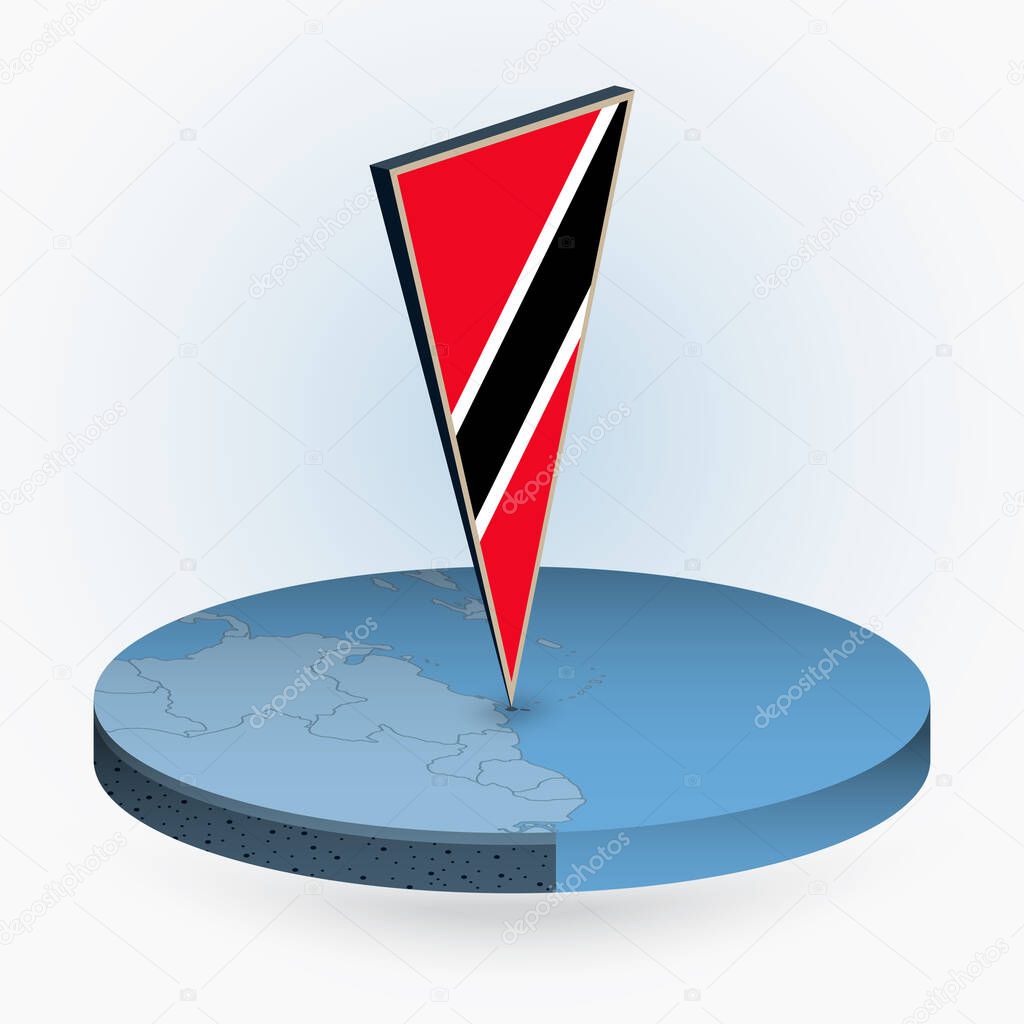 Trinidad and Tobago map in round isometric style with triangular 3D flag of Trinidad and Tobago, vector map in blue color. 