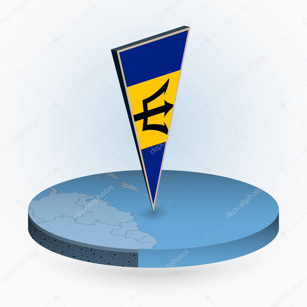 Barbados map in round isometric style with triangular 3D flag of Barbados, vector map in blue color. 