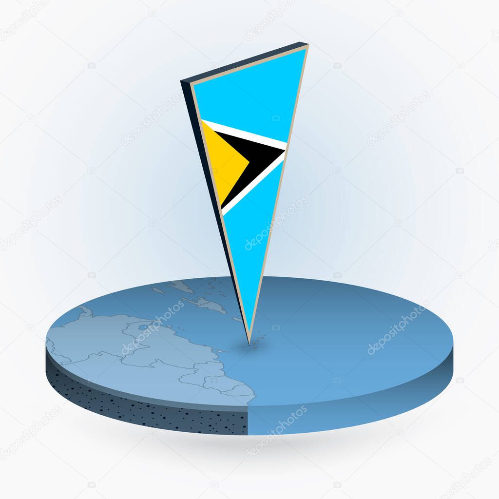 Saint Lucia map in round isometric style with triangular 3D flag of Saint Lucia, vector map in blue color. 