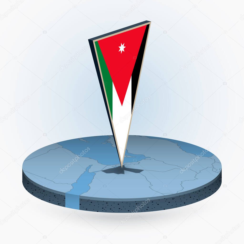 Jordan map in round isometric style with triangular 3D flag of Jordan, vector map in blue color. 