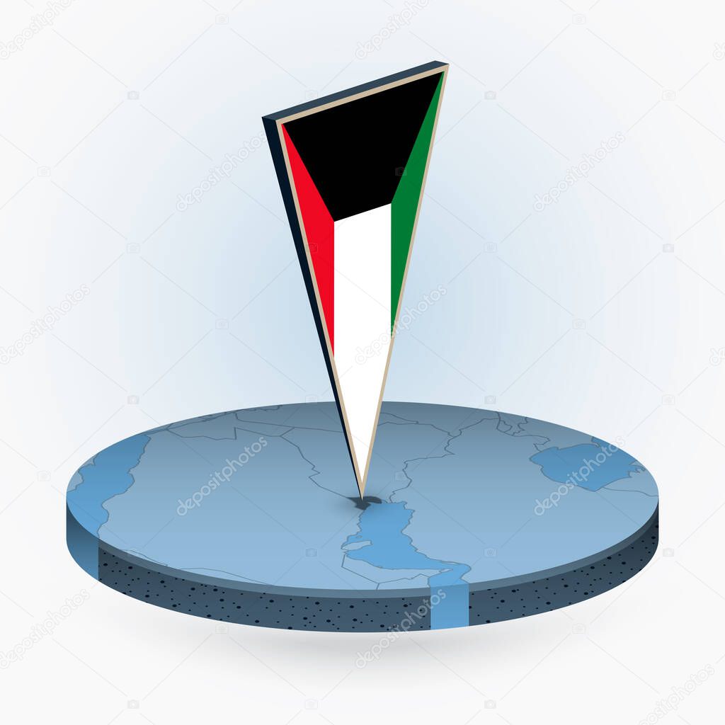 Kuwait map in round isometric style with triangular 3D flag of Kuwait, vector map in blue color. 