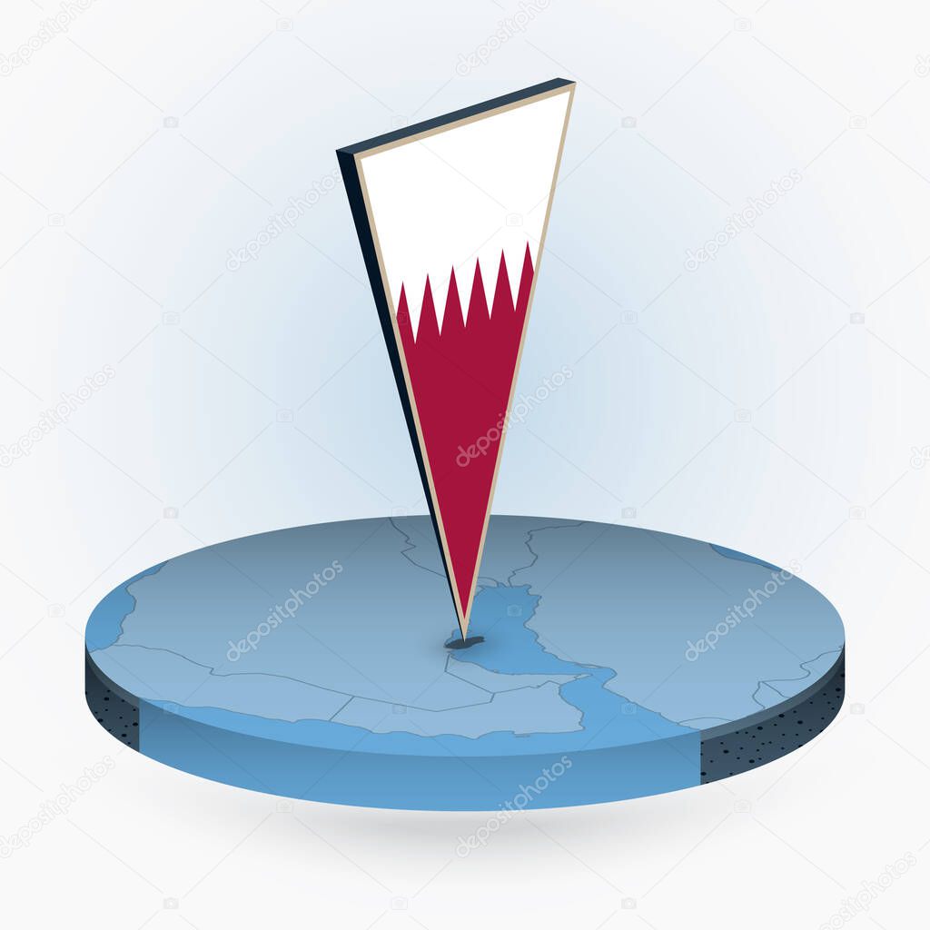 Qatar map in round isometric style with triangular 3D flag of Qatar, vector map in blue color. 