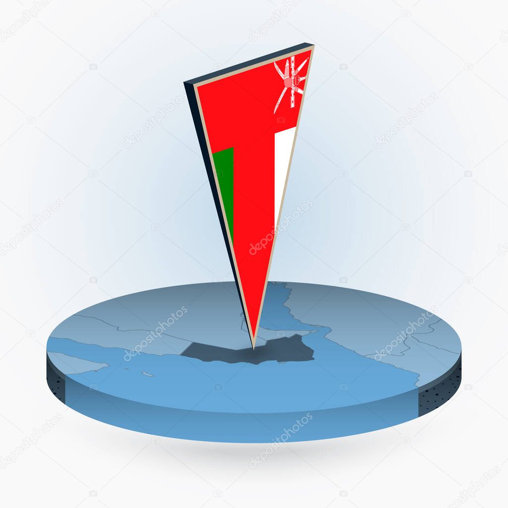 Oman map in round isometric style with triangular 3D flag of Oman, vector map in blue color. 