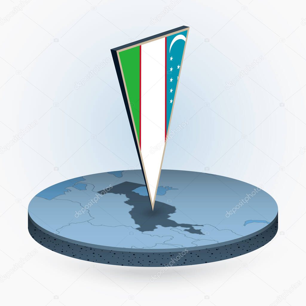 Uzbekistan map in round isometric style with triangular 3D flag of Uzbekistan, vector map in blue color. 