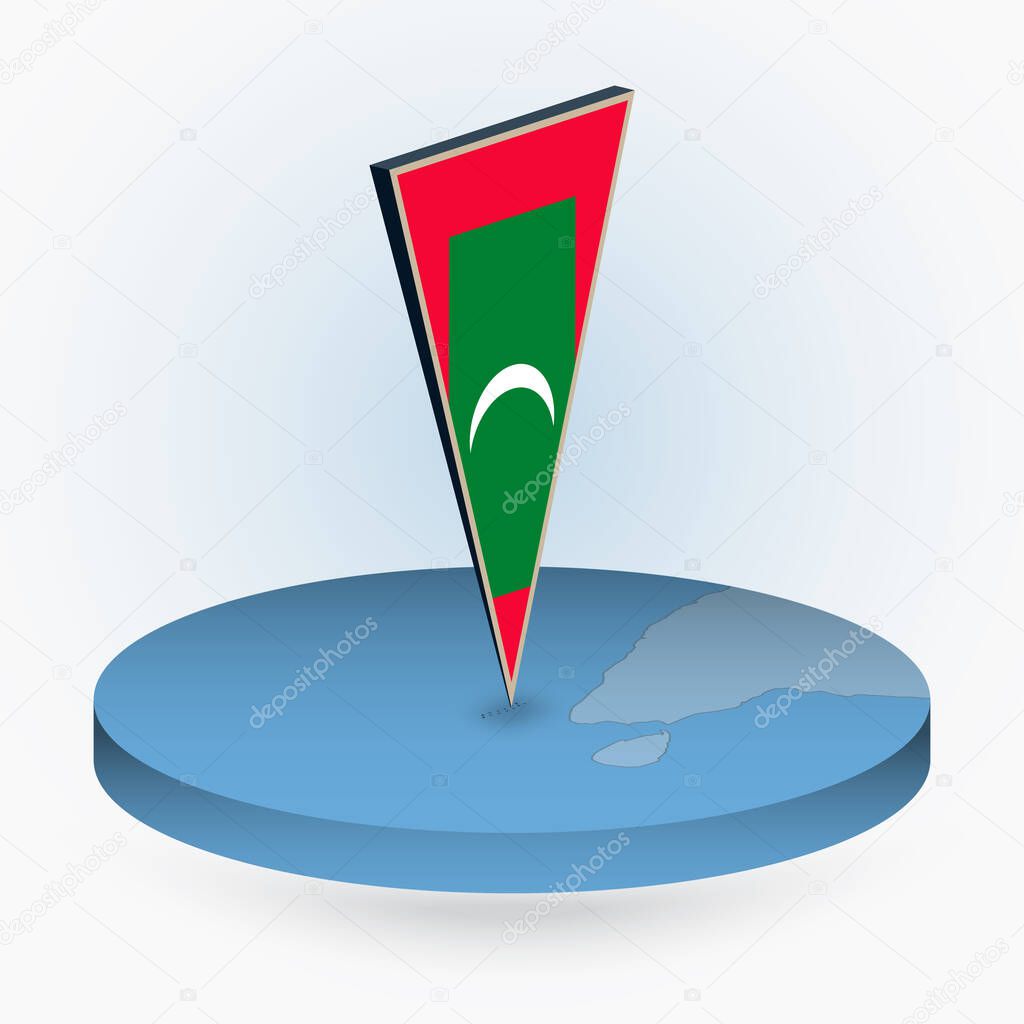 Maldives map in round isometric style with triangular 3D flag of Maldives, vector map in blue color. 