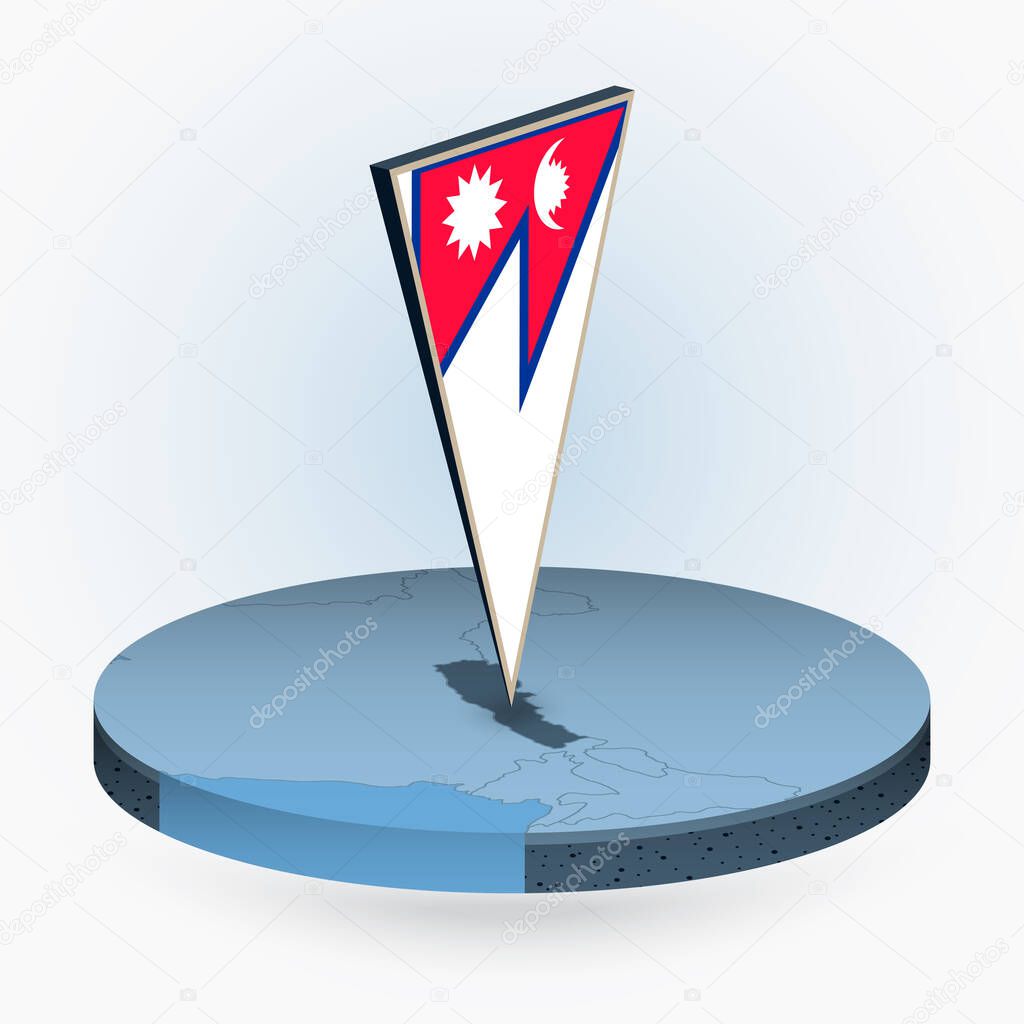 Nepal map in round isometric style with triangular 3D flag of Nepal, vector map in blue color. 