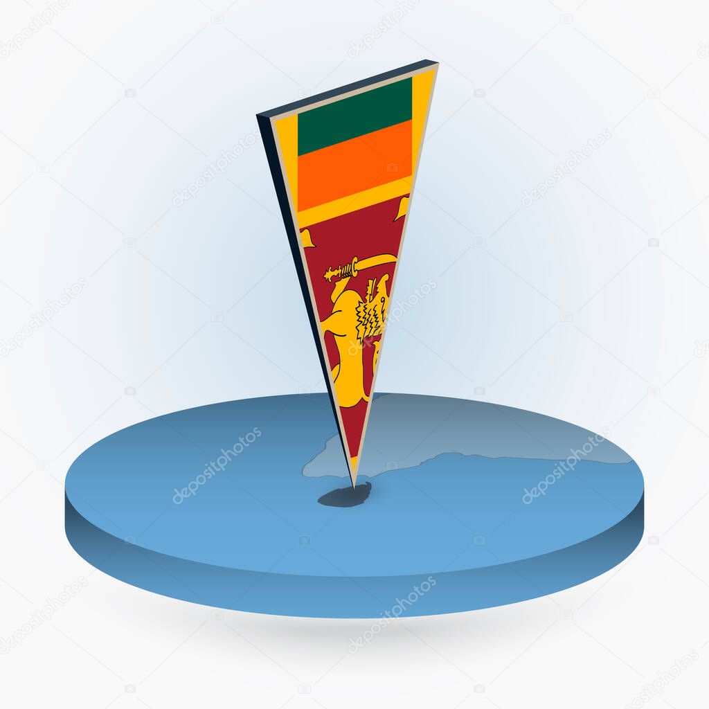 Sri Lanka map in round isometric style with triangular 3D flag of Sri Lanka, vector map in blue color. 