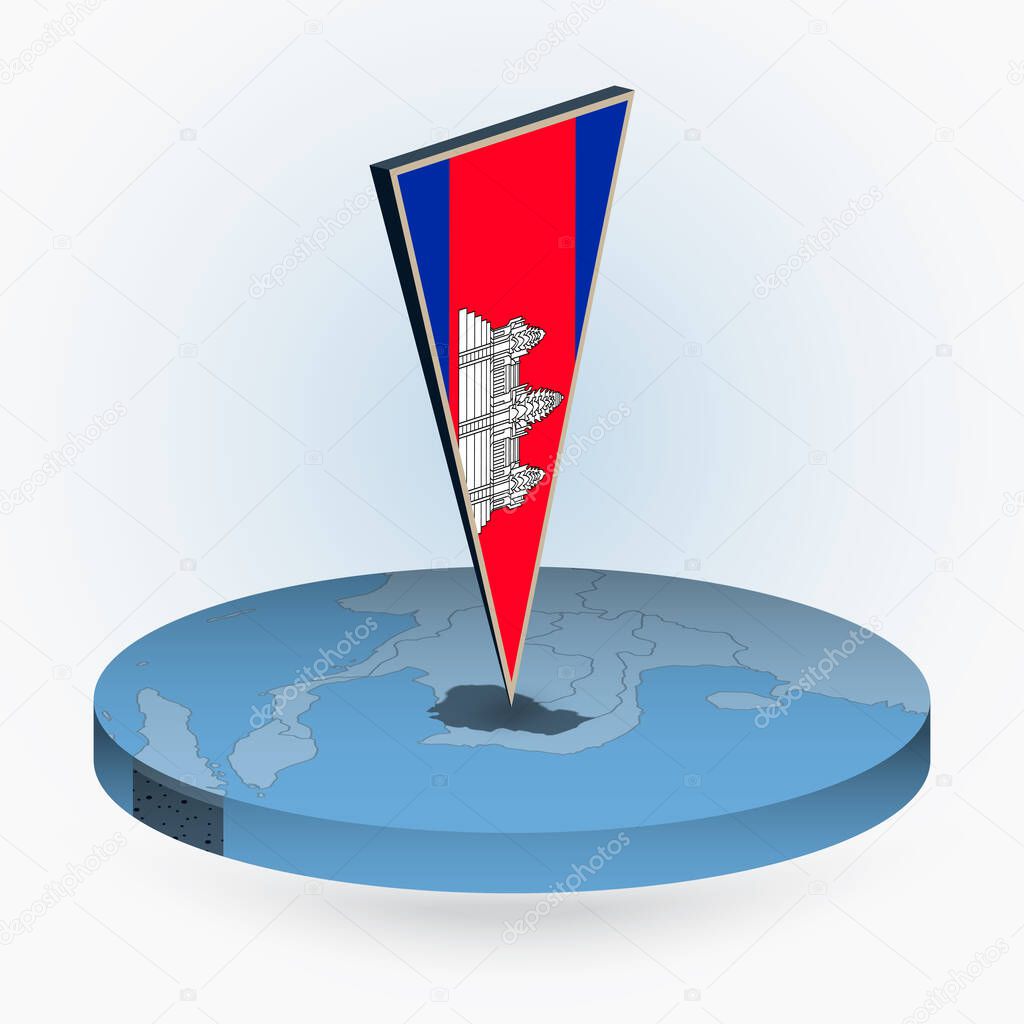 Cambodia map in round isometric style with triangular 3D flag of Cambodia, vector map in blue color. 