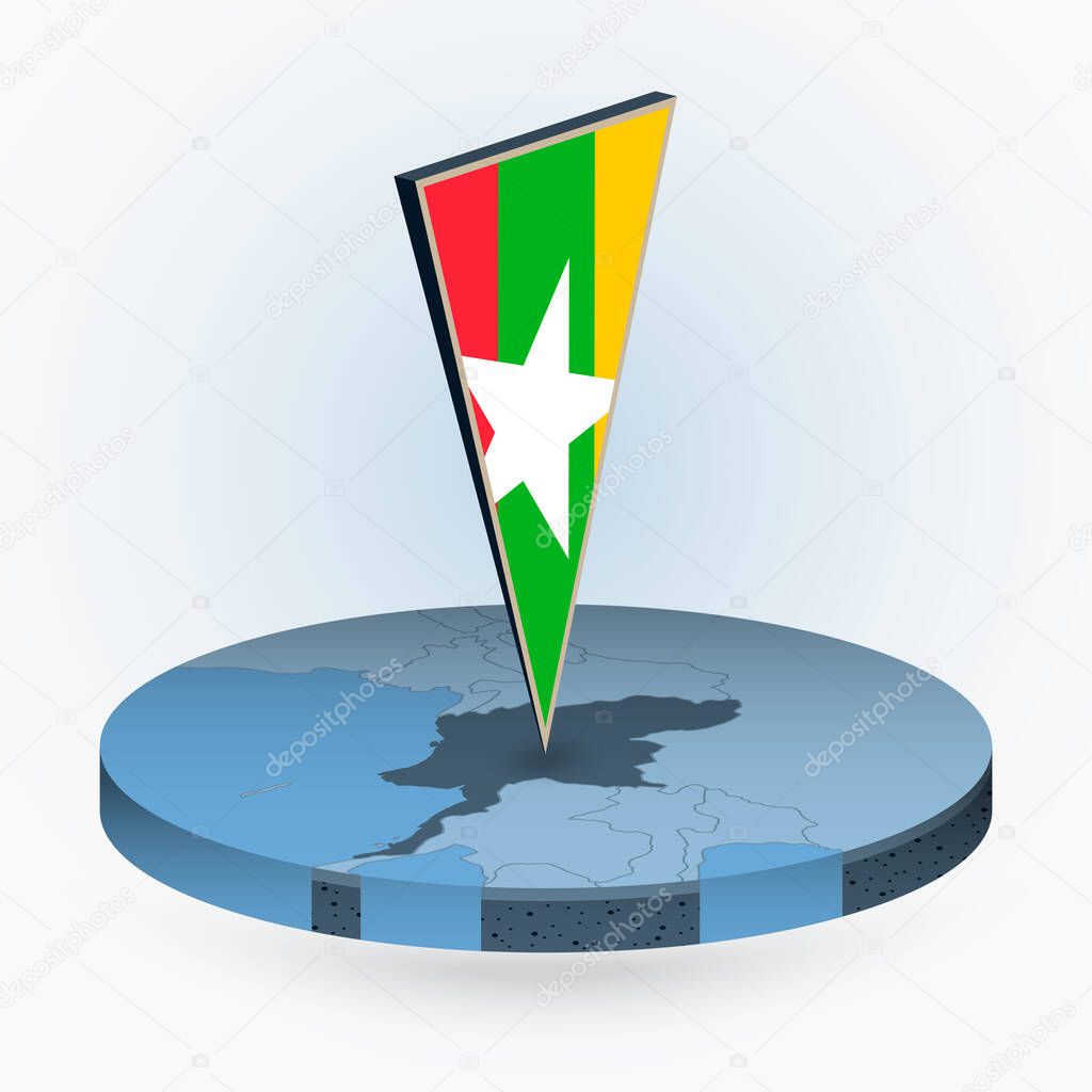 Myanmar map in round isometric style with triangular 3D flag of Myanmar, vector map in blue color. 