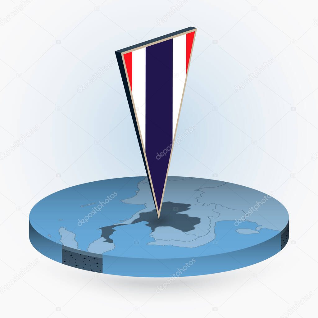 Thailand map in round isometric style with triangular 3D flag of Thailand, vector map in blue color. 