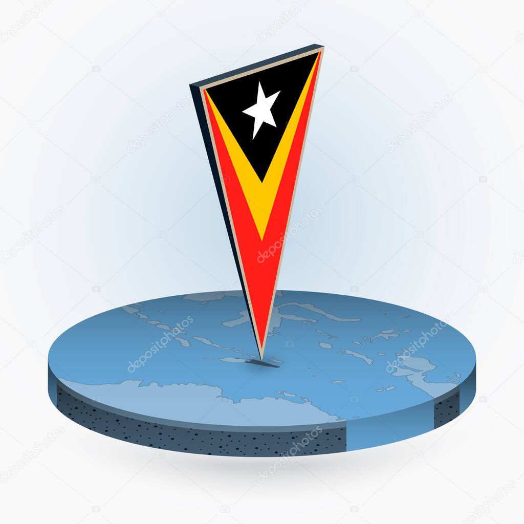 East Timor map in round isometric style with triangular 3D flag of East Timor, vector map in blue color. 