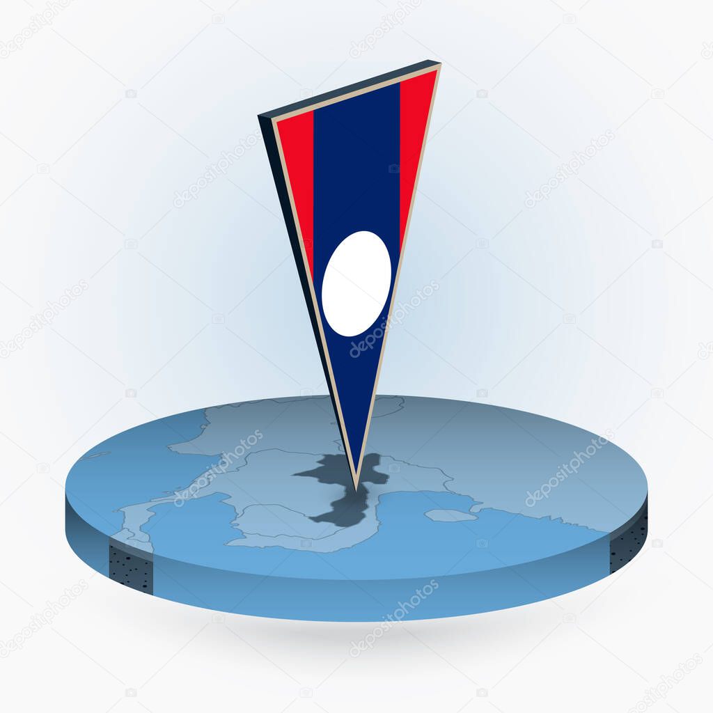 Laos map in round isometric style with triangular 3D flag of Laos, vector map in blue color. 