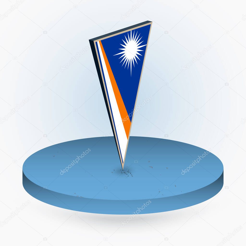 Marshall Islands map in round isometric style with triangular 3D flag of Marshall Islands, vector map in blue color. 