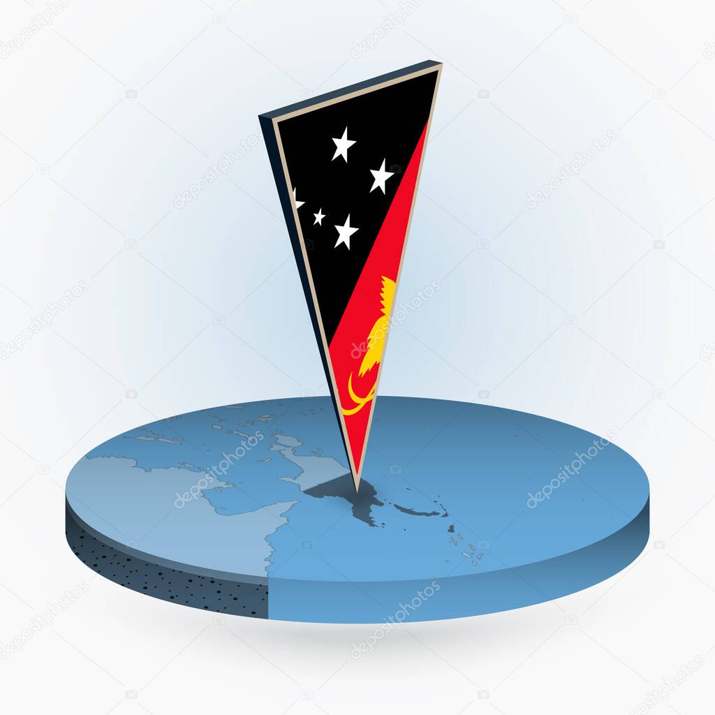 Papua New Guinea map in round isometric style with triangular 3D flag of Papua New Guinea, vector map in blue color. 