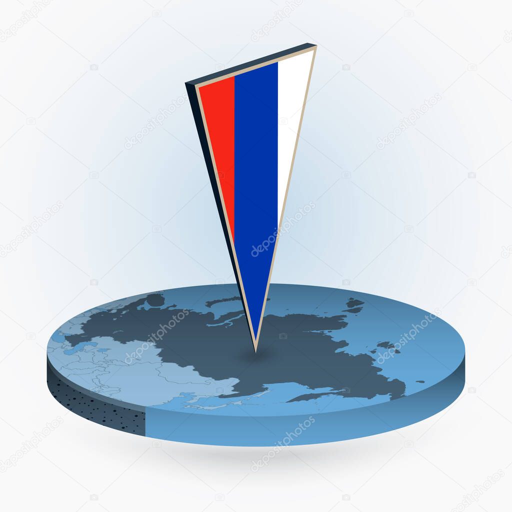 Russia map in round isometric style with triangular 3D flag of Russia, vector map in blue color. 