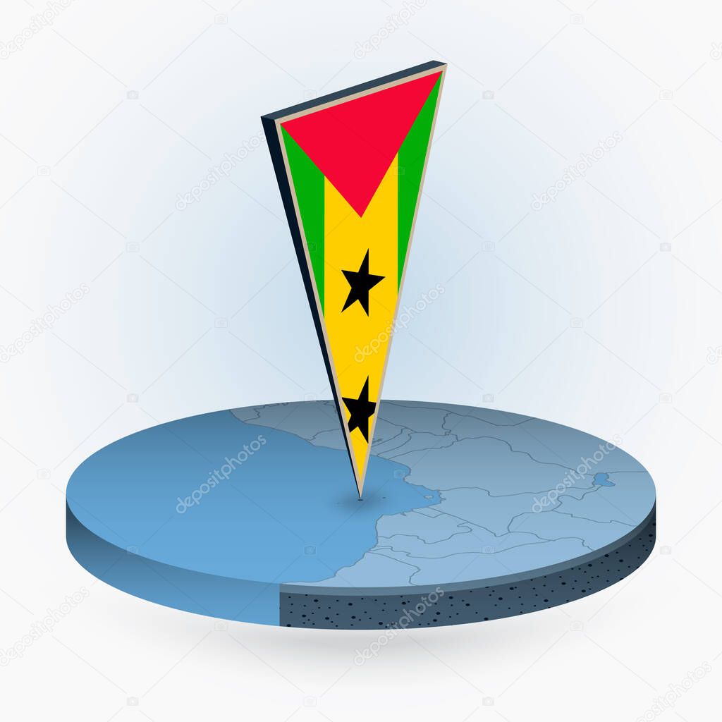 Sao Tome and Principe map in round isometric style with triangular 3D flag of Sao Tome and Principe, vector map in blue color. 
