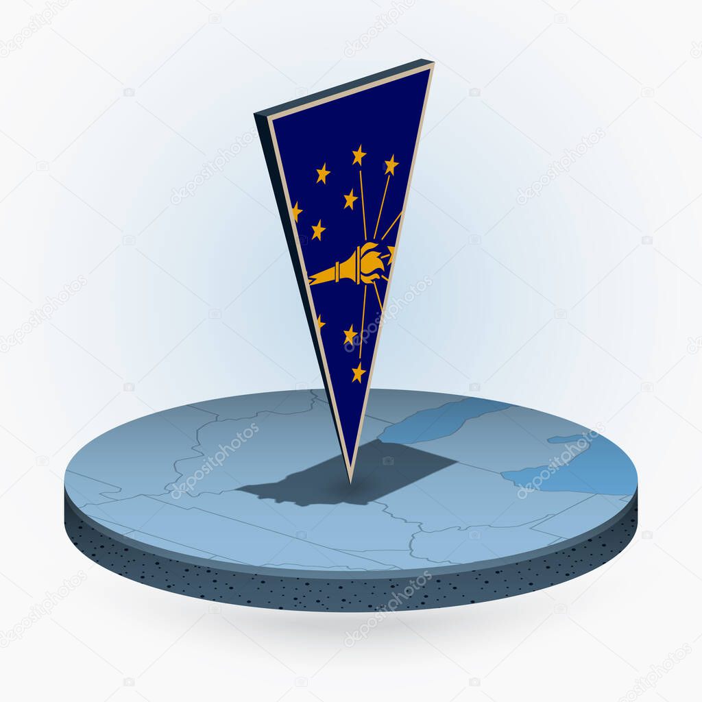 Indiana map in round isometric style with triangular 3D flag of US State Indiana, vector map in blue color.