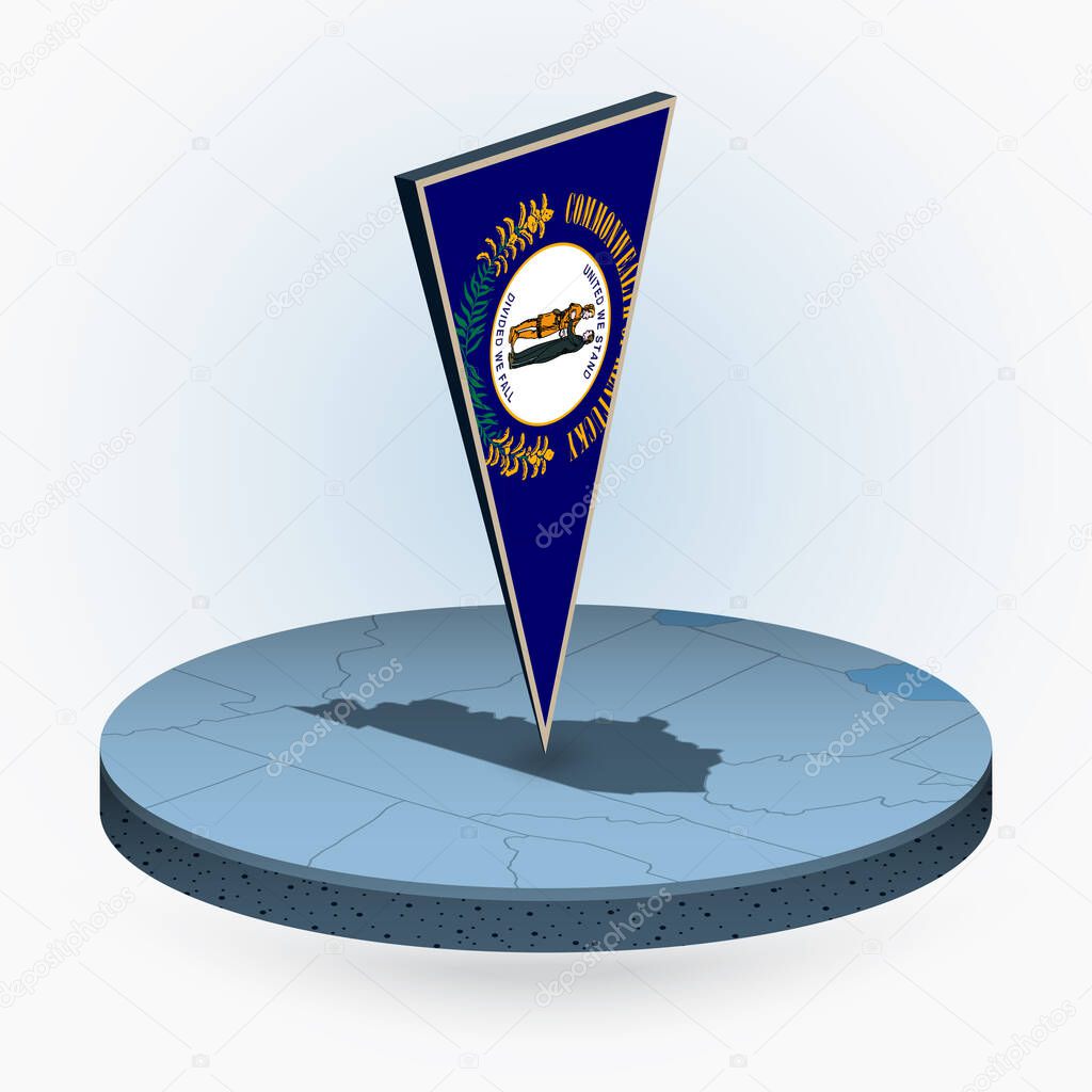 Kentucky map in round isometric style with triangular 3D flag of US State Kentucky, vector map in blue color.