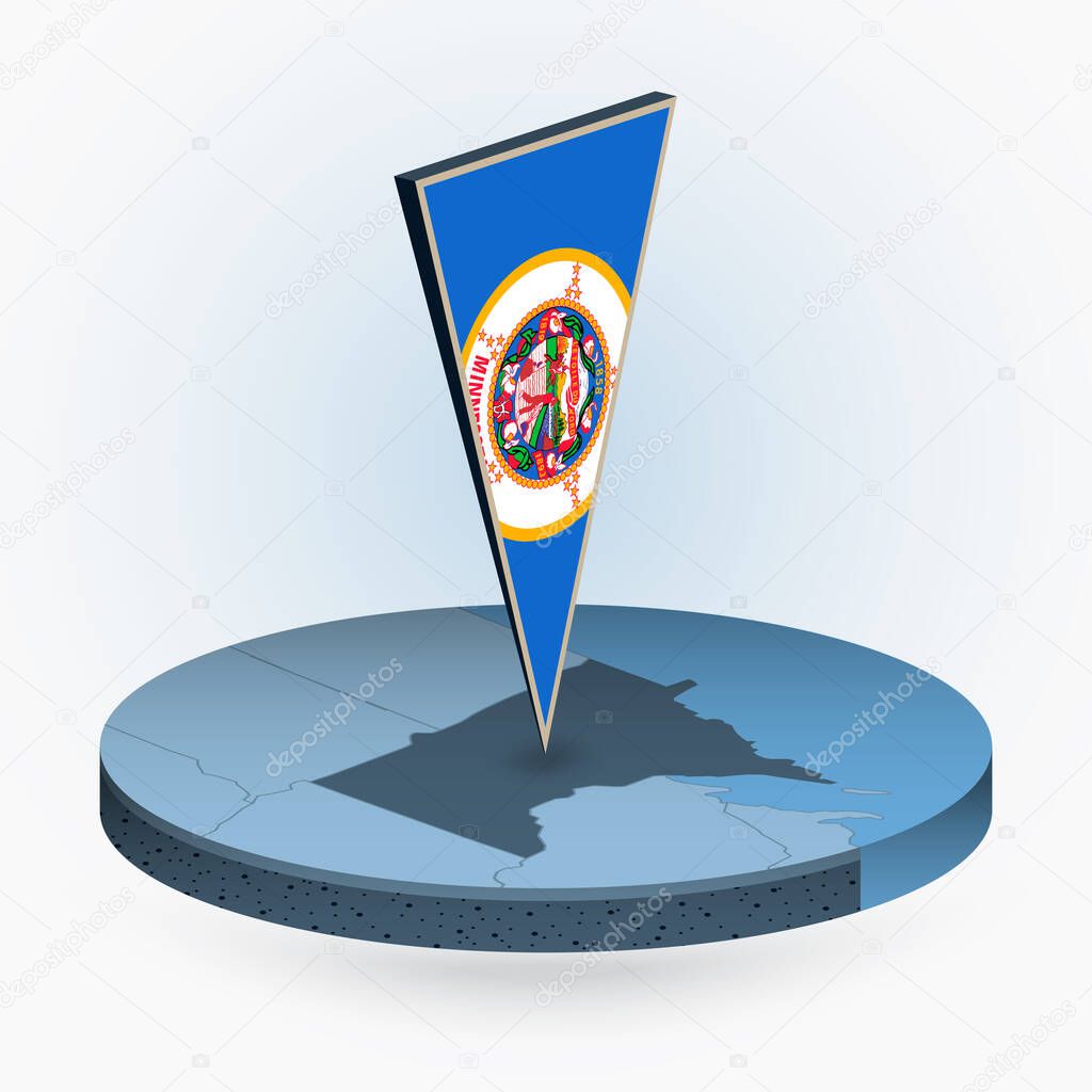 Minnesota map in round isometric style with triangular 3D flag of US State Minnesota, vector map in blue color.