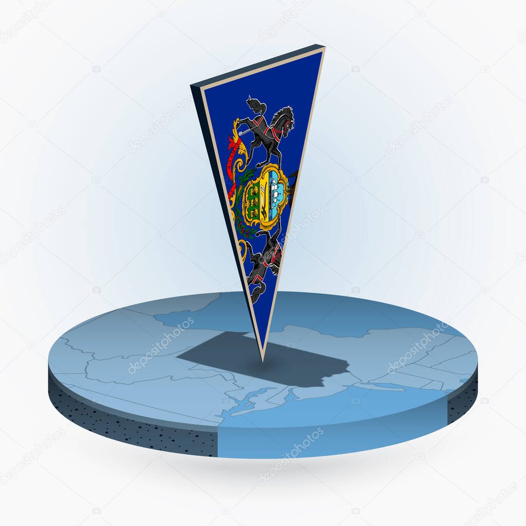 Pennsylvania map in round isometric style with triangular 3D flag of US State Pennsylvania, vector map in blue color.