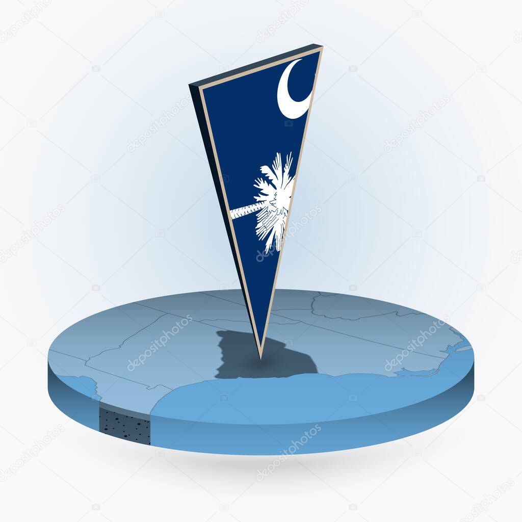 South Carolina map in round isometric style with triangular 3D flag of US State South Carolina, vector map in blue color.