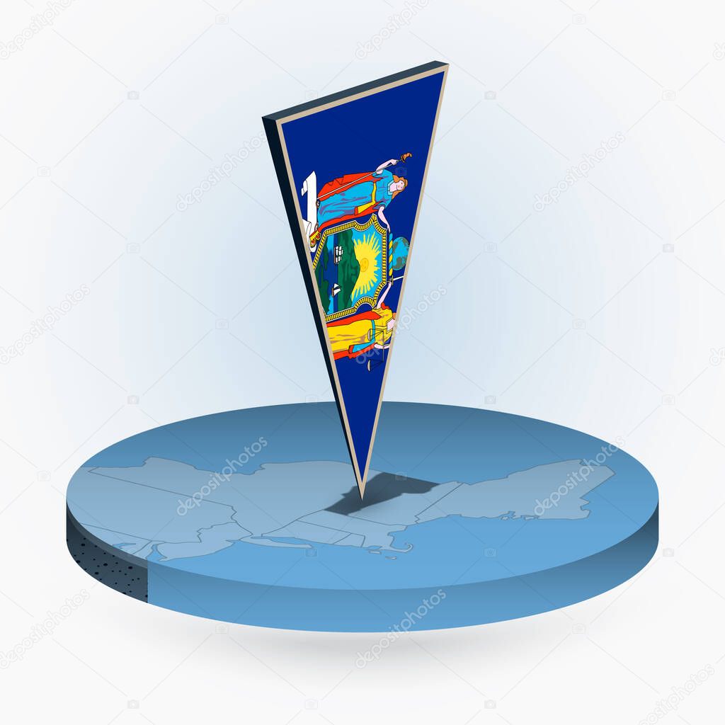 Vermont map in round isometric style with triangular 3D flag of US State Vermont, vector map in blue color.