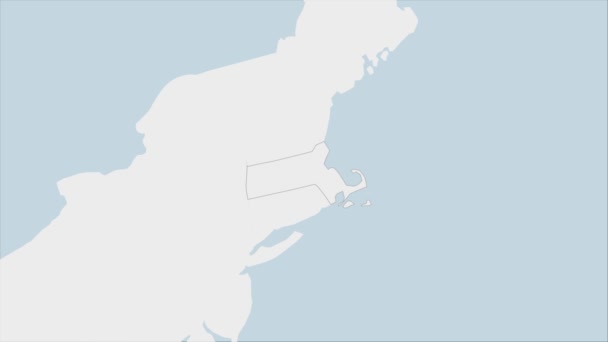美国麻萨诸塞州的地图突出显示在麻萨诸塞州的国旗颜色和首府波士顿的别针上 地图与邻国相连 — 图库视频影像