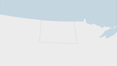 ABD Eyaleti Kuzey Dakota haritasında Kuzey Dakota bayrağı renkleri ve ülke başkenti Bismarck 'ın broşu ve komşu devletlerle haritası vurgulandı.