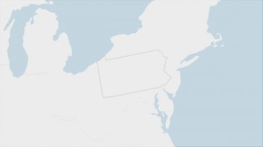 ABD State Pennsylvania haritası Pennsylvania bayrak renkleri ve ülke başkenti Harrisburg 'un broşu ile vurgulandı, komşu devletlerle harita.