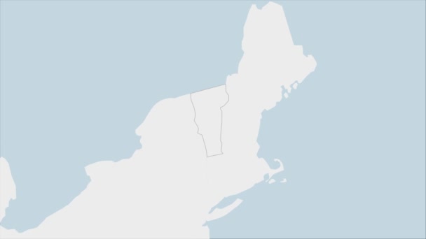 バーモント州地図バーモント州の旗の色と国の首都モンペリエのピンで強調表示されます — ストック動画
