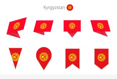 Kırgızistan ulusal bayrak koleksiyonu, Kırgızistan vektör bayraklarının sekiz versiyonu. Vektör illüstrasyonu.