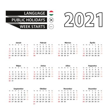 Macarca 2021 takvimi, hafta pazar günü başlıyor. Vektör İllüstrasyonu.