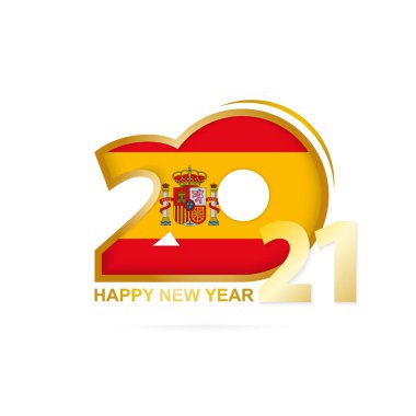İspanya bayrağı desenli 2021 yılı. Mutlu yıllar tasarımı. Vektör İllüstrasyonu.