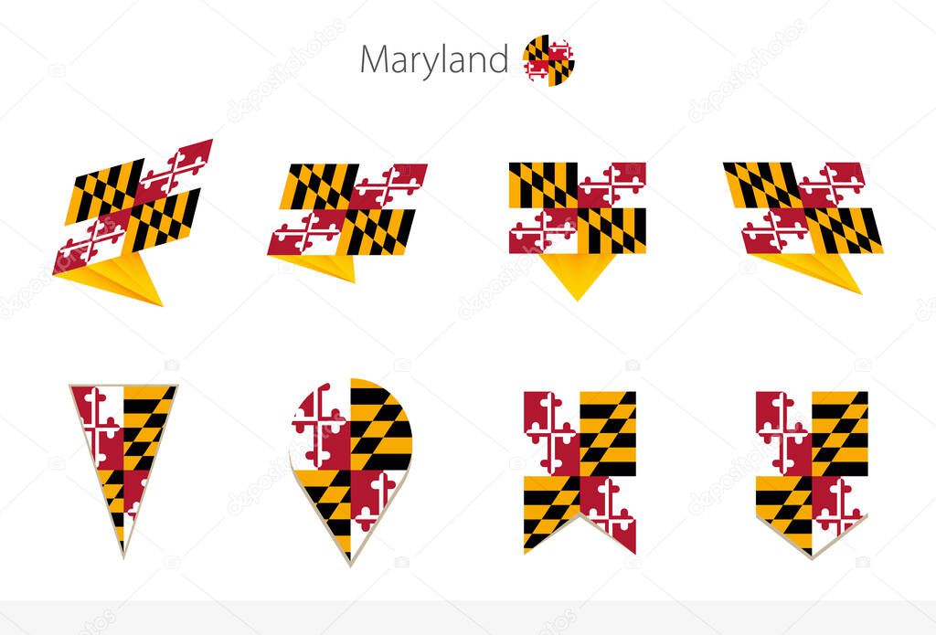 Maryland US State flag collection, eight versions of Maryland vector flags. Vector illustration.