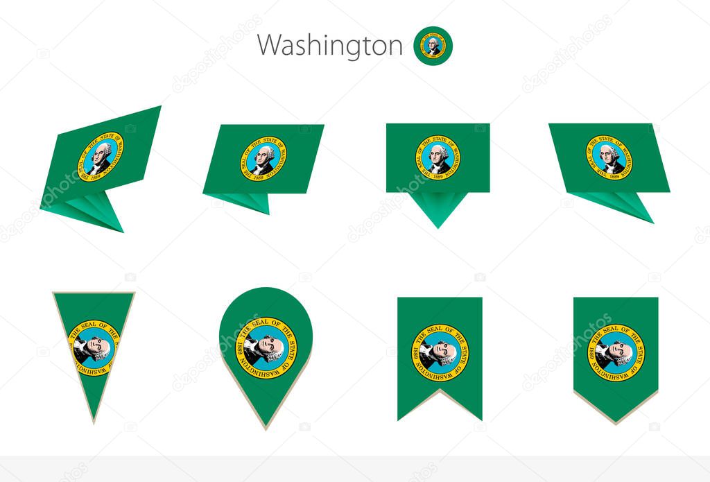 Washington US State flag collection, eight versions of Washington vector flags. Vector illustration.
